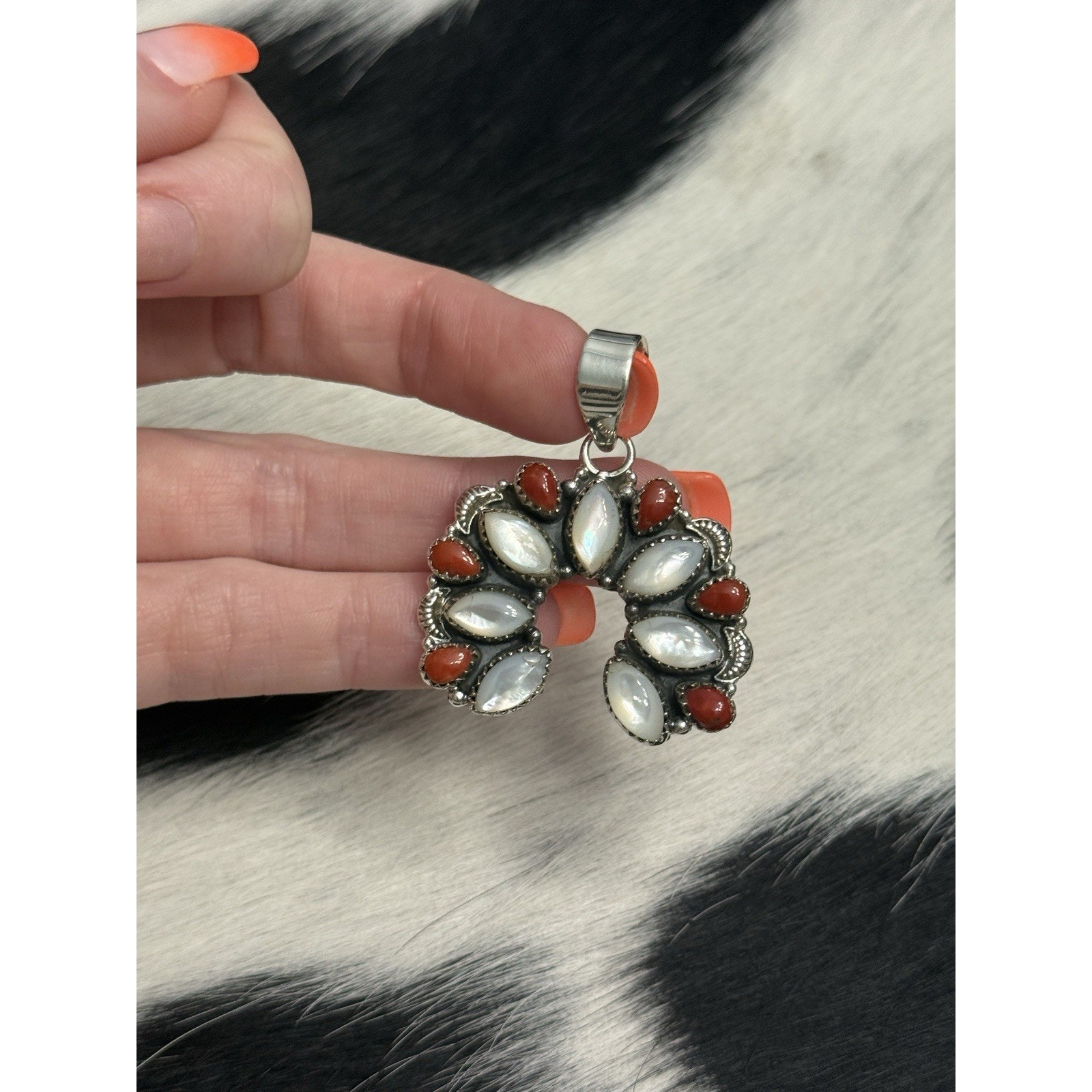 Native American Sterling Silver Sw Mother Pearl Red Coral Naja Christmas Pendant 145$